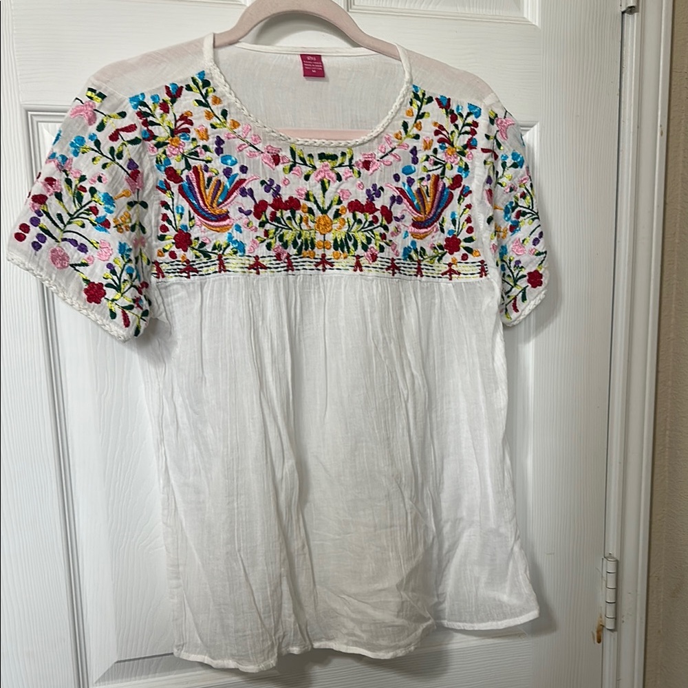 Embroidered White Top with Multicolor Floral Design
